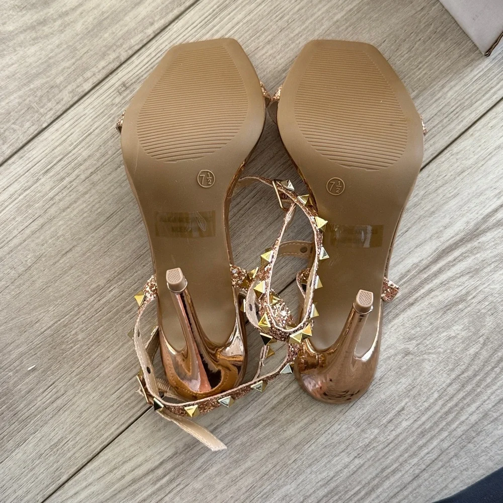 Wild Diva Lounge Rose Gold Strappy Studded High Heels 7.5 New